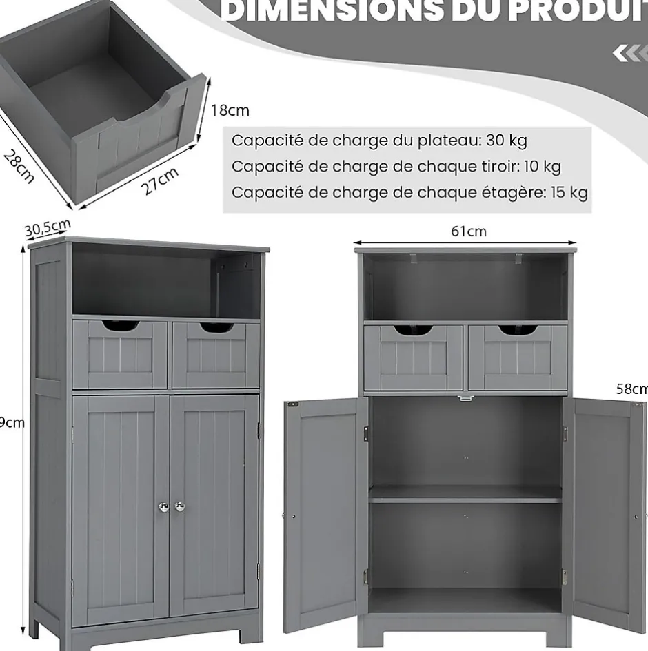 Giantex Armoire de Salle de Bain sur Pied avec Planche Mobile et 2 Tiroirs Reglables 60 X 30 X 109CM* Armoire De Salle De Bains|Meuble De Salle De Bains Faible Profondeur