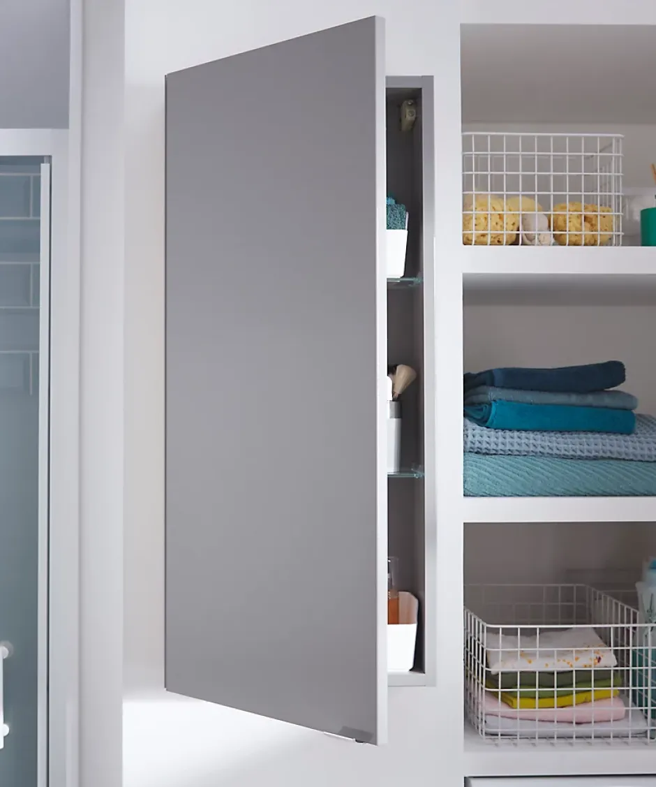 GoodHome Armoire de salle de bains faible profondeur gris brillant l.40 x H.90 x P.15 cm, Imandra