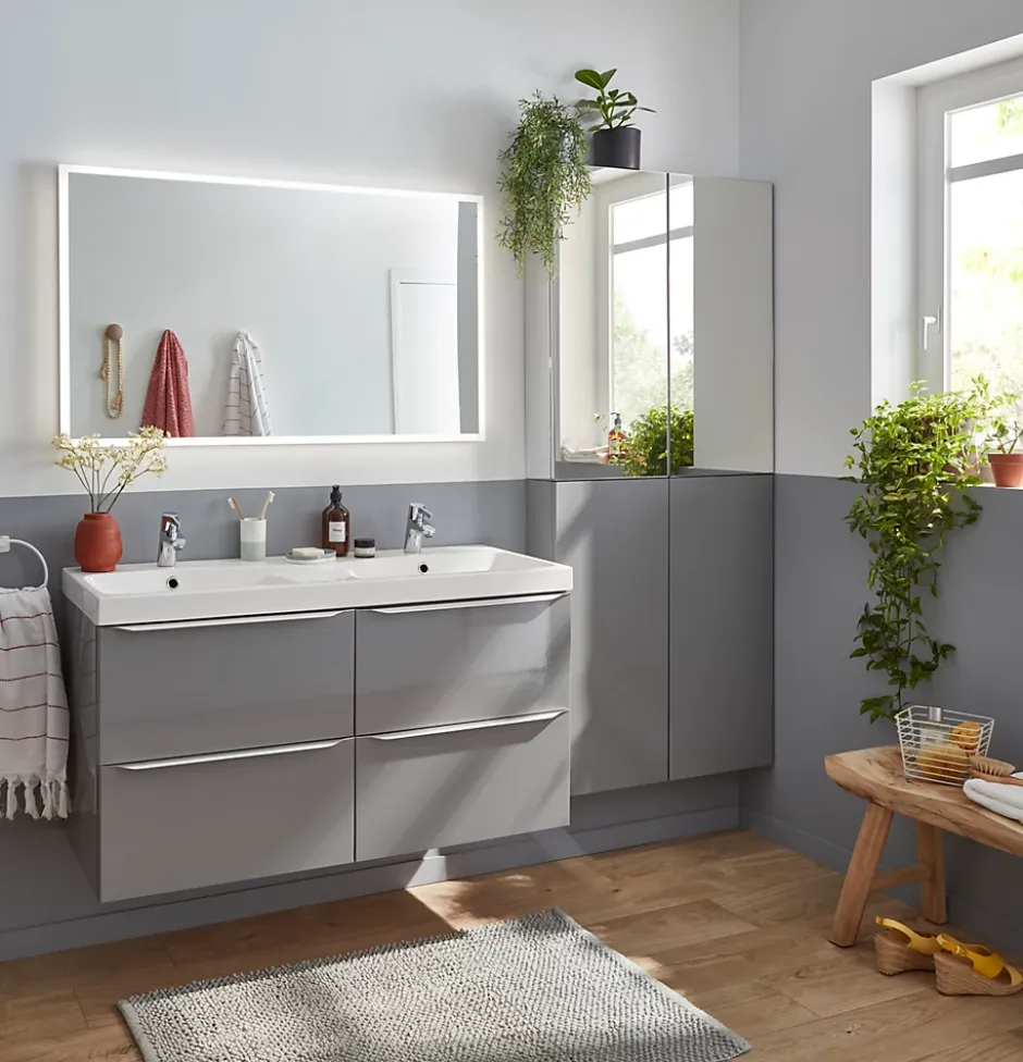 GoodHome Armoire de salle de bains faible profondeur gris brillant l.40 x H.90 x P.15 cm, Imandra