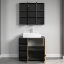 Calicosy Armoire de toilette 3 portes miroir L90 cm - PUREBLISS* Etagère Salle De Bains