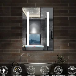 AICA Sanitaire Armoire de toilette avec Miroir LED Anti-Buée, Éclairage 3 Couleurs et Prise Rasoir, Blanc, 50x70 cm,