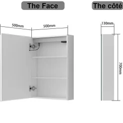 AICA Sanitaire Armoire de toilette avec Miroir LED Anti-Buée, Éclairage 3 Couleurs et Prise Rasoir, Blanc, 50x70 cm,
