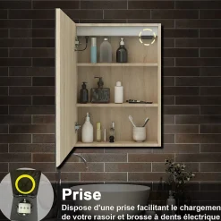AICA Sanitaire Armoire de toilette avec Miroir LED Anti-Buée, Éclairage 3 Couleurs et Prise Rasoir, Chêne, 40x70 cm,