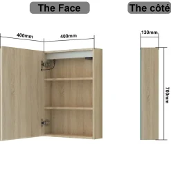 AICA Sanitaire Armoire de toilette avec Miroir LED Anti-Buée, Éclairage 3 Couleurs et Prise Rasoir, Chêne, 40x70 cm,