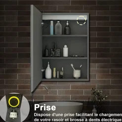 AICA Sanitaire Armoire de toilette avec Miroir LED Anti-Buée, Éclairage 3 Couleurs et Prise Rasoir, Anthracite, 50x70 cm,