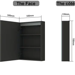 AICA Sanitaire Armoire de toilette avec Miroir LED Anti-Buée, Éclairage 3 Couleurs et Prise Rasoir, Anthracite, 50x70 cm,