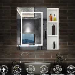 AICA Sanitaire Armoire de toilette avec Miroir LED et Étagère Latérale, Anti-Buée, Éclairage 3 Couleurs + Prise USB, Blanc 80x70 cm* Armoire De Toilette