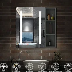 AICA Sanitaire Armoire de toilette avec Miroir LED et Étagère Latérale, Anti-Buée, Éclairage 3 Couleurs + Prise, Anthracite 80x70 cm* Armoire De Toilette