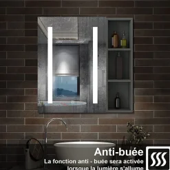 AICA Sanitaire Armoire de toilette avec Miroir LED et Étagère Latérale, Anti-Buée, Éclairage 3 Couleurs + Prise, Anthracite 80x70 cm* Armoire De Toilette