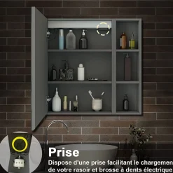 AICA Sanitaire Armoire de toilette avec Miroir LED et Étagère Latérale, Anti-Buée, Éclairage 3 Couleurs + Prise, Anthracite 60x70 cm* Armoire De Toilette
