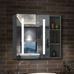 AICA Sanitaire Armoire de toilette avec Miroir LED et Étagère Latérale, Anti-Buée, Éclairage 3 Couleurs + Prise, Anthracite 60x70 cm* Armoire De Toilette