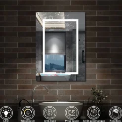 AICA Sanitaire Armoire de toilette avec Miroir LED Anti-Buée, Blanc 60x70 cm, Éclairage 3 Couleurs et Prise Rasoir,* Armoire De Toilette
