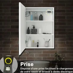 AICA Sanitaire Armoire de toilette avec Miroir LED Anti-Buée, Blanc 60x70 cm, Éclairage 3 Couleurs et Prise Rasoir,* Armoire De Toilette