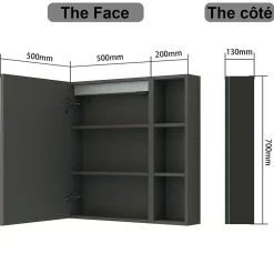 AICA Sanitaire Armoire de toilette avec Miroir LED et Étagère Latérale, Anti-Buée, Éclairage 3 Couleurs + Prise, Anthracite 70x70 cm