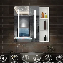AICA Sanitaire Armoire de toilette avec Miroir LED et Étagère Latérale, Anti-Buée, Éclairage 3 Couleurs + Prise, Blanc 80x70 cm