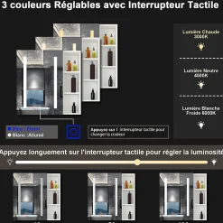 AICA Sanitaire Armoire de toilette avec Miroir LED et Étagère Latérale, Anti-Buée, Éclairage 3 Couleurs + Prise, Blanc 80x70 cm