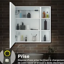 AICA Sanitaire Armoire de toilette avec Miroir LED et Étagère Latérale, Anti-Buée, Éclairage 3 Couleurs + Prise, Blanc 80x70 cm