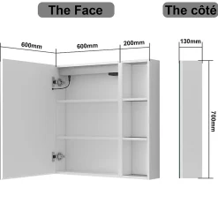 AICA Sanitaire Armoire de toilette avec Miroir LED et Étagère Latérale, Anti-Buée, Éclairage 3 Couleurs + Prise, Blanc 80x70 cm