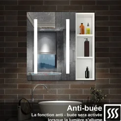 AICA Sanitaire Armoire de toilette avec Miroir LED et Étagère Latérale, Anti-Buée, Éclairage 3 Couleurs + Prise, Blanc 80x70 cm