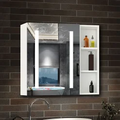 AICA Sanitaire Armoire de toilette avec Miroir LED et Étagère Latérale, Anti-Buée, Éclairage 3 Couleurs + Prise, Blanc 80x70 cm