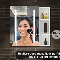 AICA Sanitaire Armoire de toilette avec Miroir LED et Étagère Latérale, Anti-Buée, Éclairage 3 Couleurs + Prise, Blanc 80x70 cm