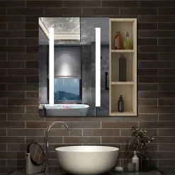 AICA Sanitaire Armoire de toilette avec Miroir LED et Étagère Latérale, Anti-Buée, Éclairage 3 Couleurs + Prise, Chêne 60x70 cm