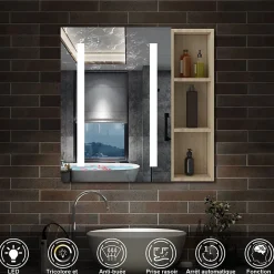 AICA Sanitaire Armoire de toilette avec Miroir LED et Étagère Latérale, Anti-Buée, Éclairage 3 Couleurs + Prise, Chêne 60x70 cm