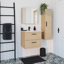 Armoire de toilette effet chêne et 2 portes miroir l.55 x H.54 xP.14,6 cm, Opah* Armoire De Toilette