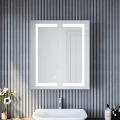Sirhona Armoire de toilette en Acier Inoxydable Miroir double 60x70 cm Interrupteur tactile LED + Prise rasoir + Grand rangement