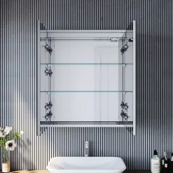Sirhona Armoire de toilette en Acier Inoxydable Miroir double 60x70 cm Interrupteur tactile LED + Prise rasoir + Grand rangement