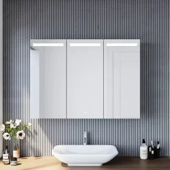 Sirhona Armoire de toilette en Acier Inoxydable Miroir double 90x65 cm Interrupteur tactile LED + Prise rasoir + Grand rangement* Armoire De Toilette