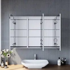 Sirhona Armoire de toilette en Acier Inoxydable Miroir double 90x65 cm Interrupteur tactile LED + Prise rasoir + Grand rangement* Armoire De Toilette