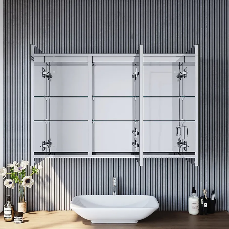 Sirhona Armoire de toilette en Acier Inoxydable Miroir double 90x65 cm Interrupteur tactile LED + Prise rasoir + Grand rangement* Armoire De Toilette