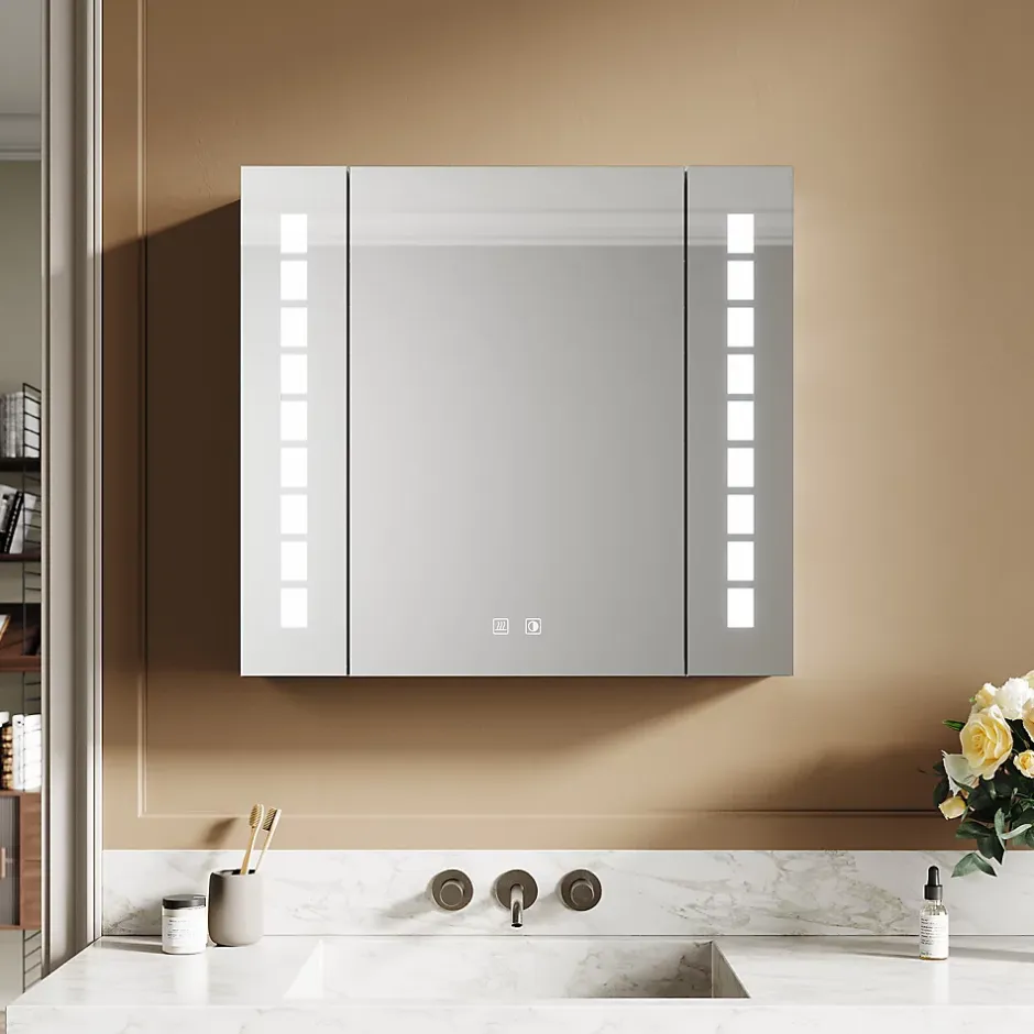 Sirhona Armoire de toilette en aluminium LED 650 x 600 x 130mm Meuble de rangement pour salle de bain Smart Interrupteurs tactiles* Meuble De Salle De Bains Faible Profondeur|Armoire De Toilette