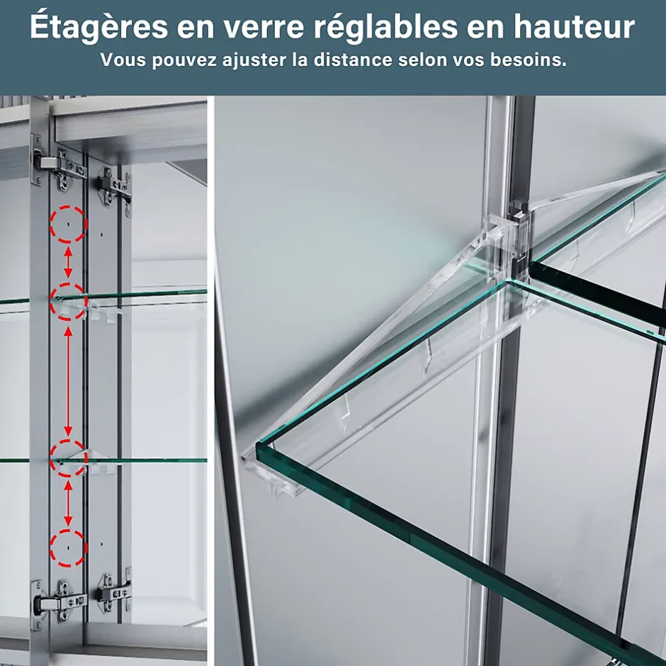 Sirhona Armoire de toilette en aluminium LED 650 x 600 x 130mm Meuble de rangement pour salle de bain Smart Interrupteurs tactiles* Meuble De Salle De Bains Faible Profondeur|Armoire De Toilette
