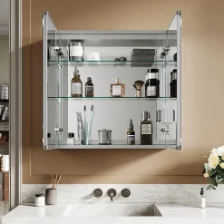 Sirhona Armoire de toilette en aluminium LED 650 x 650 x 130mm Meuble de rangement pour salle de bain Smart Interrupteurs tactiles