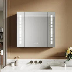 Sirhona Armoire de toilette en Aluminium Miroir multi-surfaces 65x60 cm Interrupteur tactile LED + Anti-buée + Prise rasoir* Armoire De Toilette