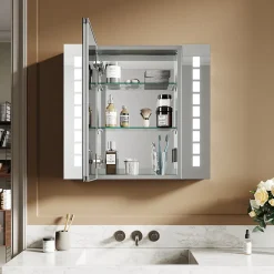 Sirhona Armoire de toilette en Aluminium Miroir multi-surfaces 65x60 cm Interrupteur tactile LED + Anti-buée + Prise rasoir* Armoire De Toilette