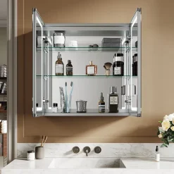 Sirhona Armoire de toilette en Aluminium Miroir multi-surfaces 65x65 cm Interrupteur tactile LED + Anti-buée + Prise rasoir* Armoire De Toilette