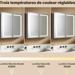Sirhona Armoire de toilette en Aluminium Miroir multi-surfaces 65x65 cm Interrupteur tactile LED + Anti-buée + Prise rasoir* Armoire De Toilette