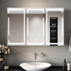 Sirhona Armoire de toilette LED Blanc 90x60cm avec 3 porte Miroir de salle de bain avec armoire de rangement
