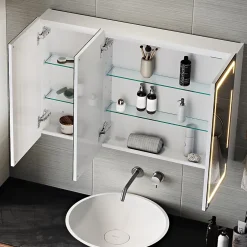 Sirhona Armoire de toilette LED Blanc 90x60cm avec 3 porte Miroir de salle de bain avec armoire de rangement