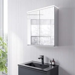 Bernstein Armoire de toilette MFC 2 portes miroirs, éclairage LED, prise de courant intérieure + 2 tablettes verre, 60x71x19cm (LxHxP), VARO