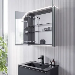 Bernstein Armoire de toilette MFC 2 portes miroirs, éclairage LED, prise de courant intérieure + 2 tablettes verre, 60x71x19cm (LxHxP), VARO
