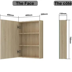 AICA Sanitaire Armoire de Toilette Mural avec Miroir et Rangement - Moderne, Chêne, 40x70 cm,