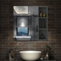 AICA Sanitaire Armoire de Toilette Mural avec Miroir Niches Intégrées et Rangement Fermé - Moderne, Anthracite, 60x70 cm,* Armoire De Toilette