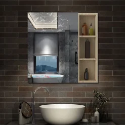 AICA Sanitaire Armoire de Toilette Mural avec Miroir Niches Intégrées et Rangement Fermé - Moderne,Chêne, 70x70 cm,* Armoire De Toilette