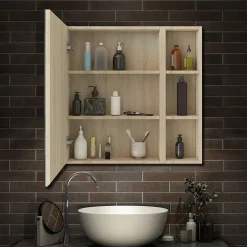 AICA Sanitaire Armoire de Toilette Mural avec Miroir Niches Intégrées et Rangement Fermé - Moderne,Chêne, 80x70 cm,* Armoire De Toilette