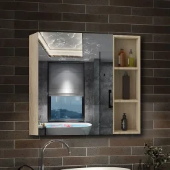 AICA Sanitaire Armoire de Toilette Mural avec Miroir Niches Intégrées et Rangement Fermé - Moderne,Chêne, 60x70 cm,