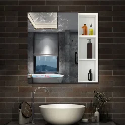 AICA Sanitaire Armoire de Toilette Mural avec Miroir Niches Intégrées et Rangement Fermé - Moderne, Blanc, 60x70 cm,